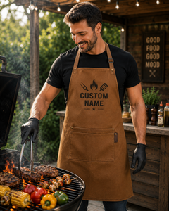 Custom Embroidered <b>BBQ</b> Apron Wholesale Heavy Duty Canvas Chef Cooking Apron with Logo <b>Large</b> Pocket for Restaurant and Catering - Product Image 3