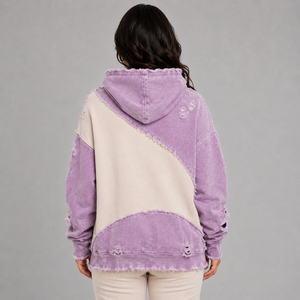 Nouveau design – Sweat à capuche violet oversize pour femme, effet vieilli, color block, en coton délavé, avec déchirures et découpes, style streetwear, OEM - Product Image 5