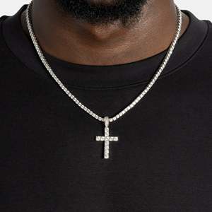 925 <b>Silver</b> Rhodium Plated Cross Pendant Necklace Channel Setting Brilliant Cut <b>Box</b> <b>Chain</b> Unisex Everyday Wear Hip Hop - Product Image 5