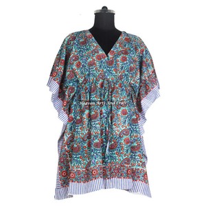 100% Cotton Best Premium Quality Hand Block Print Soft Kaftan KFCS008 Light Weight Women Casual Occasion Wear Short Caftan Dress - Product Image 4