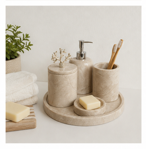 Luxury Natural <b>Marble</b> Bathroom Accessory Set 5-Piece Handcrafted Polished Stone <b>Soap</b> <b>Dispenser</b> Toothbrush Holder for Home - Product Image 6