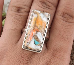 Anillo Rectangular de Plata de Ley 925 con Cobre Natural de Ostra y Amatista, Joyería Clásica Geométrica con Gema para Fiesta de Mujer - Product Image 1