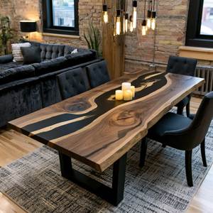 Mesa de Comedor Rectangular Moderna Hecha a Mano con Bordes Naturales de Madera y Resina Negra, con Patas de Metal, para 6 Personas, Muebles para Comedor - Product Image 4