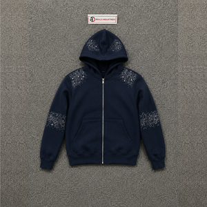 เสื้อฮู้ดดี้สีน้ำเงินหรูหราประดับคริสตัล ซิปตกแต่งลายเกล็ดหิมะ พร้อมลายพิมพ์เพชรเทียม ทรงปกติ ผ้าฟลีซ ใส่สบายสำหรับฤดูหนาว - Product Image 5