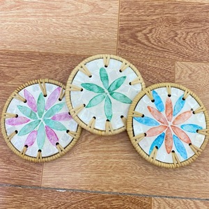 Handwoven Rattan Mother of Pearl Coaster Round Cup Mat for Home Hotel <b>Coffee</b> <b>Table</b> Decor - Product Image 5