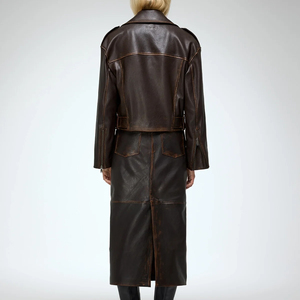 Women's Genuine <b>Leather</b> Moto <b>Jacket</b> <b>Long</b> Sleeve Turn-down Collar Zipper Closure Autumn Style Solid Color Full Length Outerwear - Product Image 2