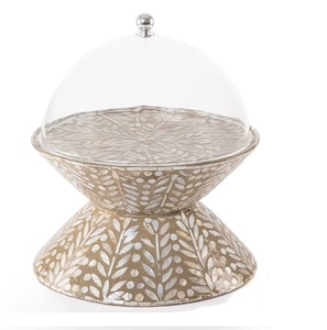 Soporte para Pastel con Tapa de Cristal Redonda y Acabado de Incrustaciones de Hueso y Madreperla para Hotel y Hogar, para Eventos, Bodas y Cumpleaños - Product Image 3