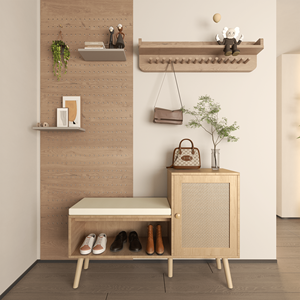 Panca Portascarpe 2-in-1 Moderna per Ingresso con Materiale in Rattan Naturale, 2 Ripiani Regolabili e Cuscino Rimovibile - Product Image 2