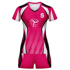Ensemble d'uniformes de volley-ball sublimés pour hommes, col en V, manches courtes, évacuation de l'humidité, taille élastique ajustée, imperméable, 100 % polyester, rose - Product Image 1