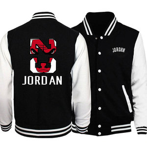 Men's Varsity Jacket Black White Sleeve Patchwork Print Preppy Style Autumn Wear Polyester Material - Product Image 1