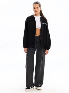 Sweat-shirt à capuche surdimensionné noir pour femme, couleur unie, manches longues, fermeture éclair sur le devant, logo sur la manche gauche, vêtements décontractés d'automne - Product Image 1