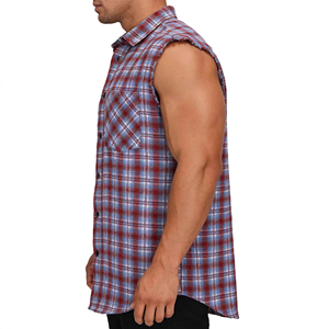 Mens Sleeveless Plaid Flannel Shirt Frayed Armhole Casual Button <b>Down</b> Muscle Fit Cotton Check 300g - Product Image 6
