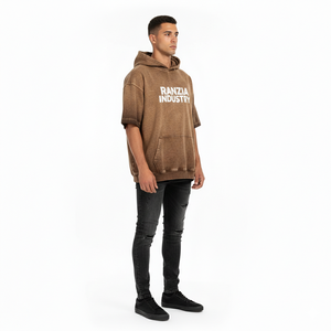 Sudadera con capucha pesada para hombre RANZIA OEM ODM personalizada, con cremallera, lavado ácido, efecto desgastado, corte y costura, pedrería, impresión DTG - Product Image 3