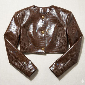 Brown Croco Embossed <b>Leather</b> Blazer Women's <b>Short</b> Jacket O-Neck Full Sleeve Autumn Style Button Closure - Product Image 5