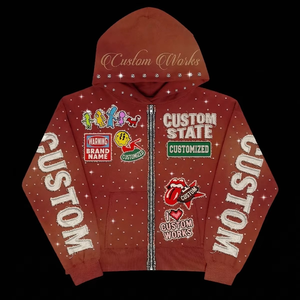 Custom Embroidery <b>Zip</b> <b>up</b> Rhinestone Graphic <b>crop</b> Hoodie Sweatpants Flared Acid Wash tracksuit Mens Hoodies Sweatshirt Sets - Product Image 2