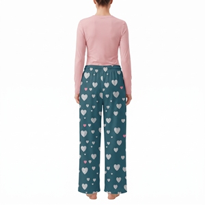 Women's Heart Print Pajama Set Long Sleeve O <b>Neck</b> Top Matching Long Pants Soft Elastic Waist Full Length Sleepwear - Product Image 2