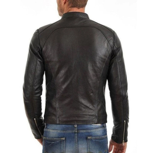 Blouson Moto Homme Sur Mesure en Cuir Véritable Col Montant Zippé Imperméable Coupe-Vent Coupe Droite Couleur Unie Automne Fabrication Usine - Product Image 3