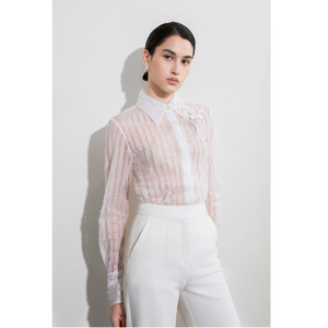 Blouses et chemises pour femmes en gros, ODM SERPENTINE STRIPE BLOUSE, blouses élégantes à manches longues en tissu CUPRO pour femmes de WhiteAnt - Product Image 1