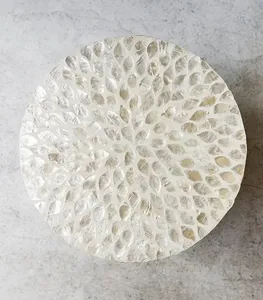 Decorative Petal Inlaid Accent <b>Stools</b> Mother of Pearl Handcrafted Round Mosaic Plant Stand With Unique Shell Texture - Product Image 2