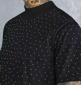 T-shirts de luxe personnalisés en strass noirs 100 % coton pour hommes, col rond, streetwear d'été, tee-shirt bling en cristal, conception OEM - Product Image 6