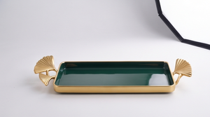 Plateau de service rectangulaire de luxe en émail vert avec poignées en feuille de Ginkgo, en métal doré poli, pour table basse, plateau de rangement, plat de service - Product Image 3