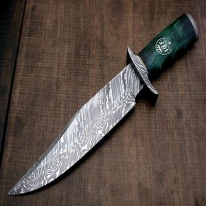 Couteau de chasse Bowie personnalisable en acier Damas de qualité industrielle, pointe clip, fourreau en cuir fait main, manche en bois, OEM, survie - Product Image 1