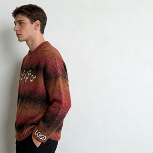 Men's Trendy Gradient Red Brown <b>Orange</b> <b>Fleece</b> Fabric LOGO Embroidery Neck Regular Fit Pullover Cuff Detail Winter 100% Cotton - Product Image 4