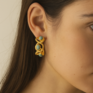 Handmade Blue <b>Opal</b> Gold-Plated Brass Hoops Trendy Artisan Jewelry with Oval Shape Gemstones Wholesale Stylish <b>Studs</b> <b>Earrings</b> - Product Image 2