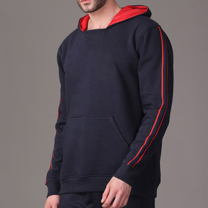 Custom Men’s Navy Blue Pullover <b>Hoodie</b> with <b>Red</b> Contrast Hood Lining Sleeve Piping and Kangaroo Pocket - Product Image 3