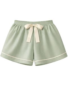 Ensemble pyjama personnalisé en satin vert sauge pour femme, comprenant un haut de pyjama et un short, vêtements de nuit doux en soie, ensemble deux pièces pour l'été avec nœud - Product Image 3
