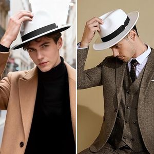 Sombrero Fedora de Lana Blanca con Cinta Negra, Ala Ancha, Estilo Formal Unisex para Primavera/Verano, Uso Casual - Product Image 2
