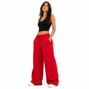 Pantalon de survêtement en molleton rouge pour femme, coupe large, taille haute, couleur unie, décontracté, longueur intégrale, avec poches et taille élastique - Product Image 1