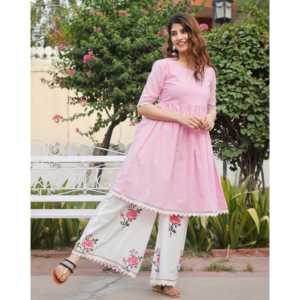 ชุดคุรตะผ้าฝ้ายสีชมพูกุหลาบ ลายบล็อกพิมพ์มือ แขนสามส่วน สไตล์ลำลอง ไซส์ XS - Product Image 6