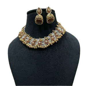 Collier Ethnique Polki Plaqué Or Parure Boucles d'Oreilles pour Femme et Fille pour Mariage et Collection Traditionnelle - Product Image 1