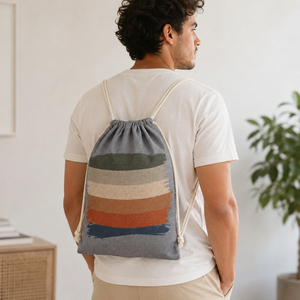 Recycled Cotton <b>Drawstring</b> <b>Backpack</b> 225 GSM Rainbow Printed Gym Bag Custom Logo Promotional Wholesale OEM Private Label Supplier - Product Image 3