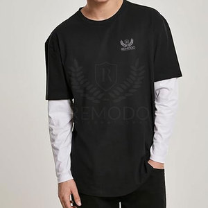 T-shirt décontracté noir à manches courtes pour homme avec logo brodé personnalisé et design superposé à manches longues blanches contrastantes, col rond, en jersey - Product Image 3