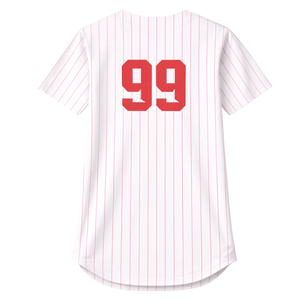 เสื้อเบสบอลลายเส้นสีขาวแบบกำหนดเอง ชื่อทีม 99 พิมพ์ลายสกรีน เสื้อผ้าโพลีเอสเตอร์ระบายอากาศได้ดี แขนสั้น ใส่ได้ทั้งชายและหญิง - Product Image 2