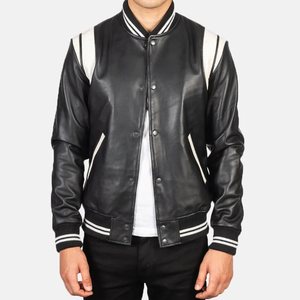 Chaqueta Varsity de Cuero PU Negra para Hombre con Paneles Blancos y Cierre de Botones, Ropa Casual de Otoño - Product Image 1