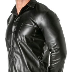 Camisa de manga larga estilo cuero negro para hombre, corte ajustado, estilo fetish, ropa de club, top de moda. - Product Image 2