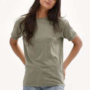 Camiseta de Cuello Redondo para Mujer, 100% Algodón, con Apliques, Ligera, de Manga Corta, Informal, para Verano, Venta al Por Mayor para Exportación - Product Image 4