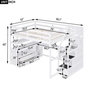 White Full Size Loft Bed with Desk and Shelves Two Built-in Drawers and Storage Staircase Kids' Furniture - Product Image 6