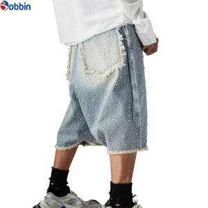 Pantalones Cortos de Mezclilla Tejida Estilo Hip Hop Casual de Verano con Lavado Vintage, Estampado Completo y Pedrería, Fabricación Personalizada, Pierna Recta para Hombre - Product Image 3