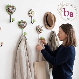 Hand Painted Ceramic Heart Wall Hook Green Flower Design Rustic Style Single Hook Adjustable Eco-Friendly Waterproof - Product Image 2