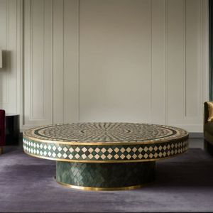 Table basse ronde en os incrusté de style américain, motif bleu et blanc, design décoratif, artisanat ARIF AH-00570, fabriquée en Inde - Product Image 2