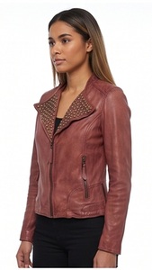 Wholesale Women Genuine Leather Studded <b>Jacket</b> Distressed <b>Punk</b> Biker Coat Custom Polyester Lining Slim Fit Winter XL - Product Image 3