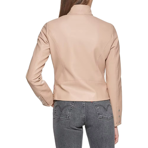 Chaqueta de moto de piel sintética beige para mujer, con cuello alto, hebilla y cremallera, estilo biker, corta, para otoño - Product Image 2