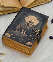 NEW ERA Wolf Journal en cuir vintage fait main avec reliure cousue, impression UV, thème lunaire, écologique, 100 feuilles, couverture rigide, cadeau