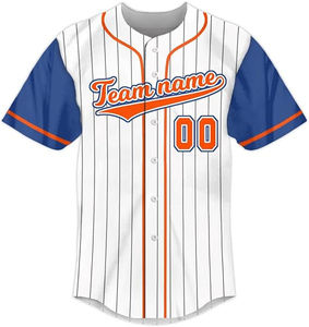 Custom Baseball Jersey <b>White</b> Blue Orange Striped Sublimated Print Breathable 100% Polyester Men's Short Sleeve <b>Button</b> Front - Product Image 2