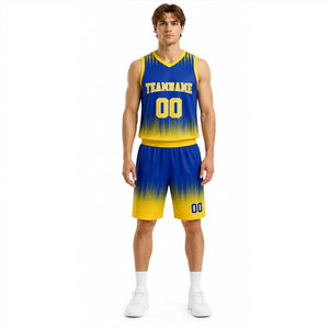 Ensemble de maillots de basket-ball personnalisés pour hommes, sublimation, dégradé bleu jaune, sans manches, col en V, uniforme, shorts - Product Image 4