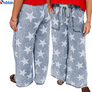 Jeans pour femmes style streetwear, imprimé étoiles, délavage clair, taille haute avec cordon de serrage, coupe large, couleur personnalisée, vintage, baggy - Product Image 4